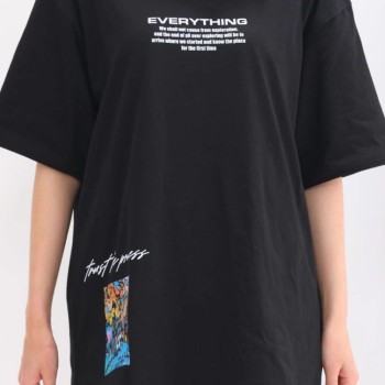 kadın Bisiklet Yaka Baskılı Oversize T-Shirt - Siyah kadın Bisiklet Yaka Baskılı Oversize T-Shirt - Siyah