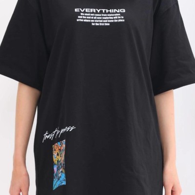 kadın Bisiklet Yaka Baskılı Oversize T-Shirt - Siyah kadın Bisiklet Yaka Baskılı Oversize T-Shirt - Siyah