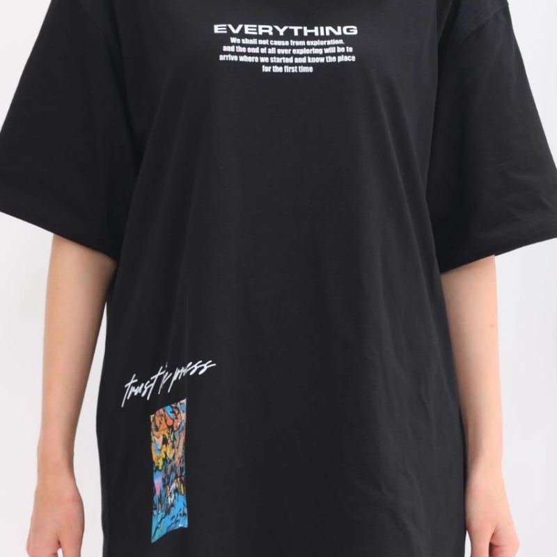 kadın Bisiklet Yaka Baskılı Oversize T-Shirt - Siyah kadın Bisiklet Yaka Baskılı Oversize T-Shirt - Siyah