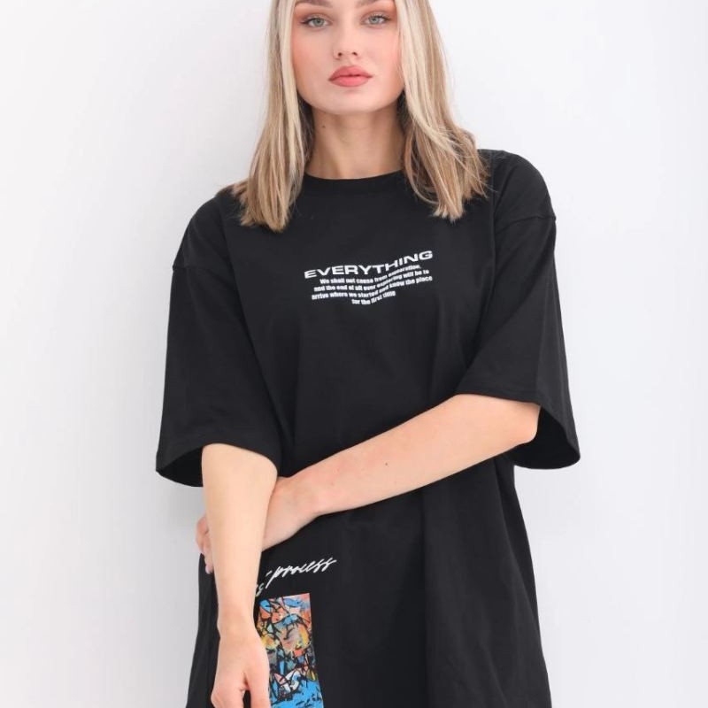 kadın Bisiklet Yaka Baskılı Oversize T-Shirt - Siyah kadın Bisiklet Yaka Baskılı Oversize T-Shirt - Siyah