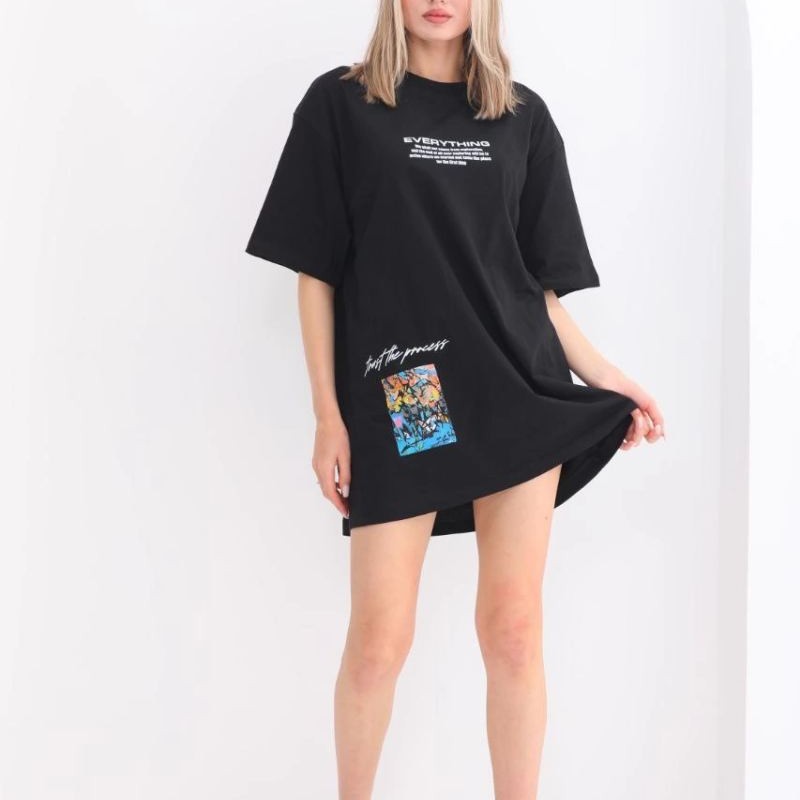 kadın Bisiklet Yaka Baskılı Oversize T-Shirt - Siyah kadın Bisiklet Yaka Baskılı Oversize T-Shirt - Siyah