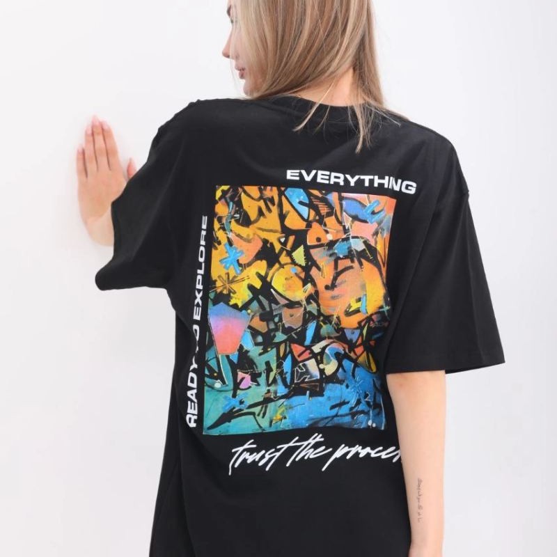 kadın Bisiklet Yaka Baskılı Oversize T-Shirt - Siyah kadın Bisiklet Yaka Baskılı Oversize T-Shirt - Siyah