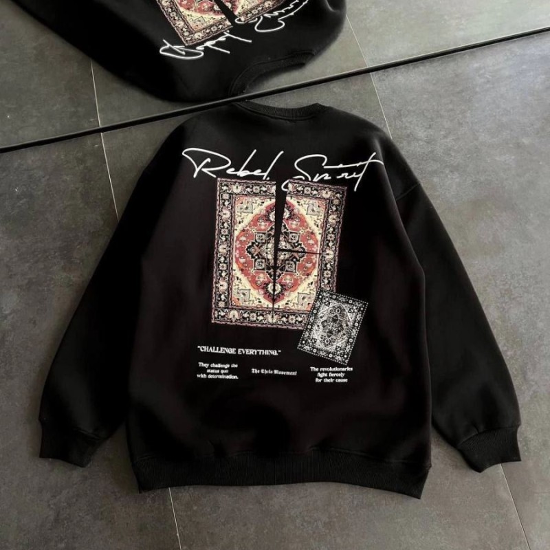 Kadın Bisiklet Yaka Kilim Halı Baskılı 3 İplik Pamuklu Sweatshirt - Siyah Kadın Bisiklet Yaka Kilim Halı Baskılı 3 İplik Pamuklu Sweatshirt - Siyah