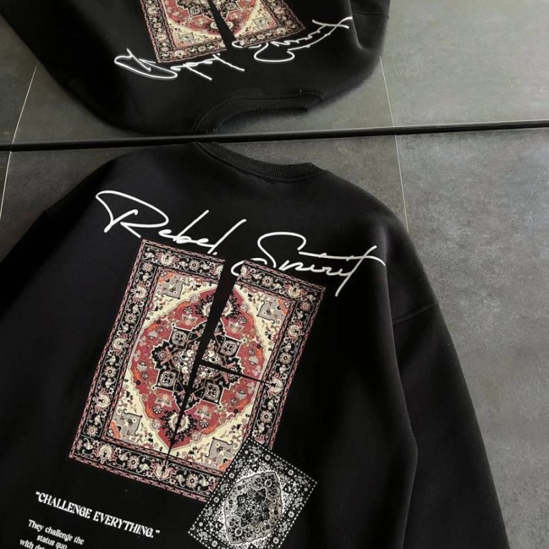 Kadın Bisiklet Yaka Kilim Halı Baskılı 3 İplik Pamuklu Sweatshirt - Siyah Kadın Bisiklet Yaka Kilim Halı Baskılı 3 İplik Pamuklu Sweatshirt - Siyah