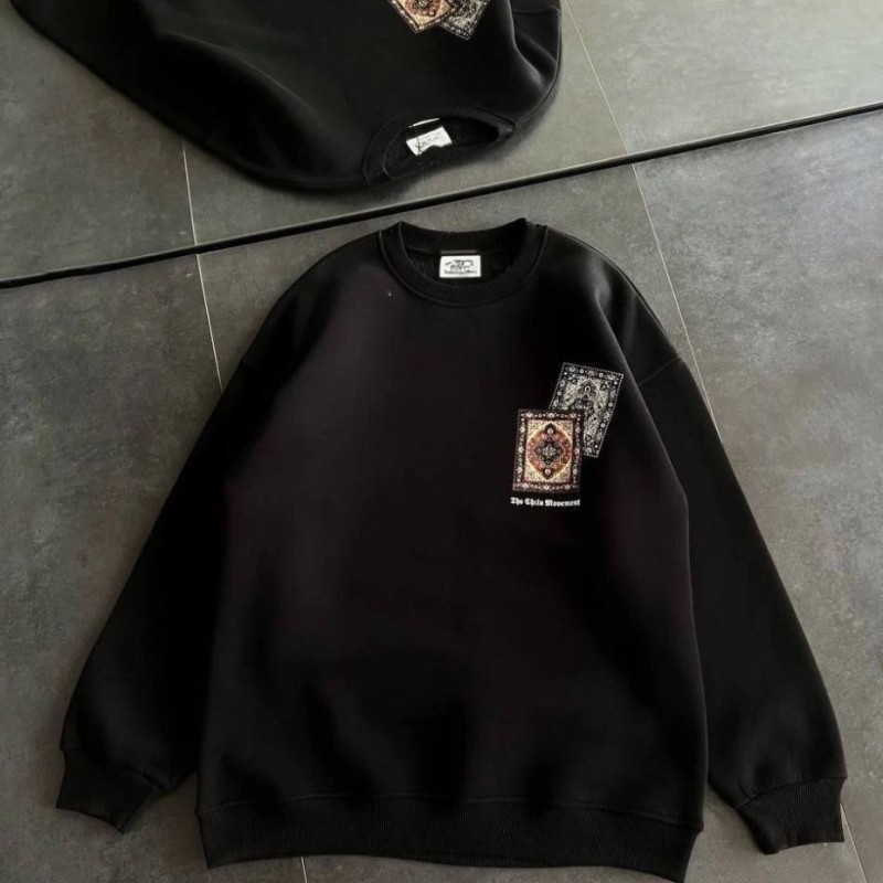 Kadın Bisiklet Yaka Kilim Halı Baskılı 3 İplik Pamuklu Sweatshirt - Siyah Kadın Bisiklet Yaka Kilim Halı Baskılı 3 İplik Pamuklu Sweatshirt - Siyah