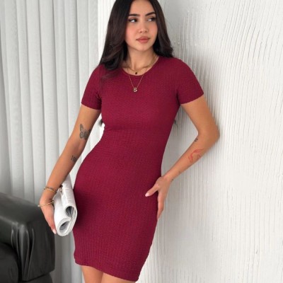 Kadın Bisiklet Yaka Kısa Kol Likralı Elbise - Bordo