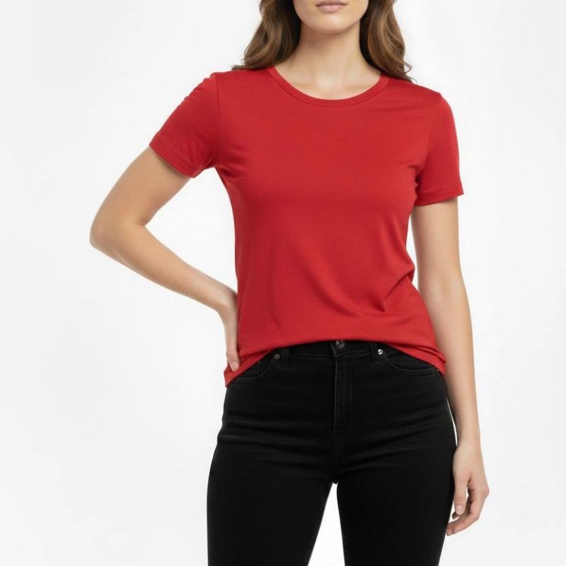 Kadın Bisiklet Yaka Slim Fit Likralı Tişört - Kırmızı Kadın Bisiklet Yaka Slim Fit Likralı Tişört - Kırmızı