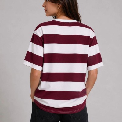 Kadın Çizgili Oversize Tişört Bisiklet Yaka Kısa Kol Yazlık T-Shirt - Bordo Kadın Çizgili Oversize Tişört Bisiklet Yaka Kısa Kol Yazlık T-Shirt - Bordo