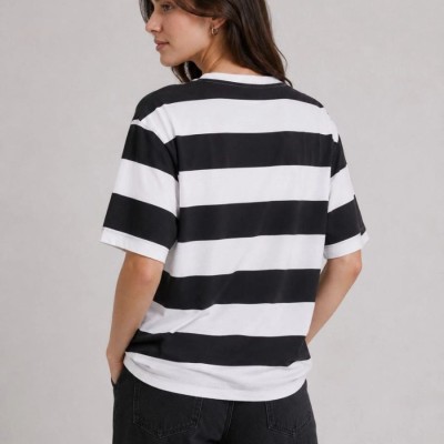 Kadın Çizgili Oversize Tişört Bisiklet Yaka Kısa Kol Yazlık T-Shirt - Siyah Kadın Çizgili Oversize Tişört Bisiklet Yaka Kısa Kol Yazlık T-Shirt - Siyah