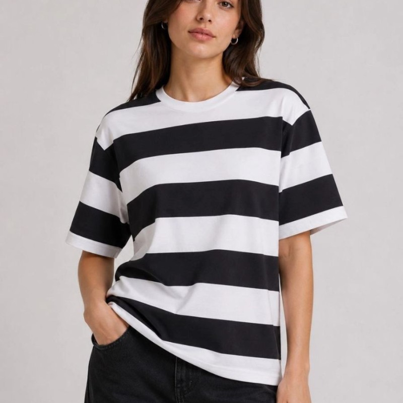 Kadın Çizgili Oversize Tişört Bisiklet Yaka Kısa Kol Yazlık T-Shirt - Siyah Kadın Çizgili Oversize Tişört Bisiklet Yaka Kısa Kol Yazlık T-Shirt - Siyah