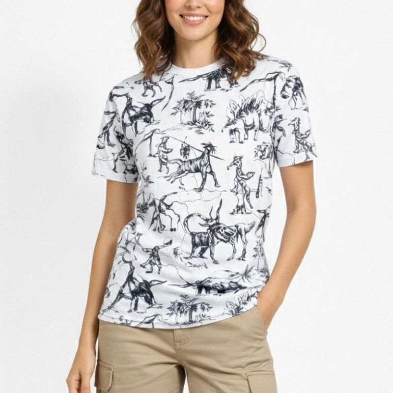 Kadın Dinozor Dijıtal ön ve arka Baskılı Tişört Bisiklet Yaka T-Shirt - Beyaz Kadın Dinozor Dijıtal ön ve arka Baskılı Tişört Bisiklet Yaka T-Shirt - Beyaz