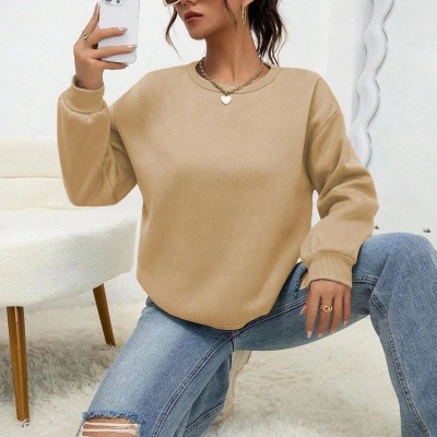 Kadın Düz Bisiklet Yaka 3 İplik  Sweatshirt - Bej