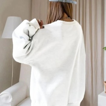 Kadın Düz Bisiklet Yaka 3 İplik  Sweatshirt - Beyaz