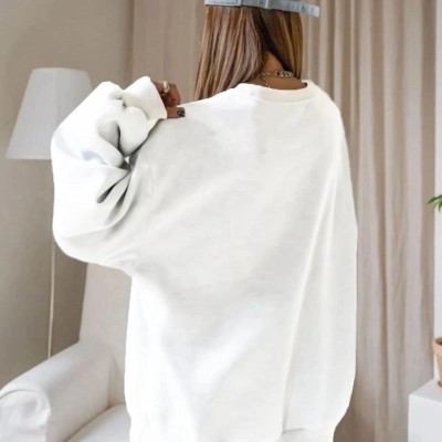 Kadın Düz Bisiklet Yaka 3 İplik  Sweatshirt - Beyaz