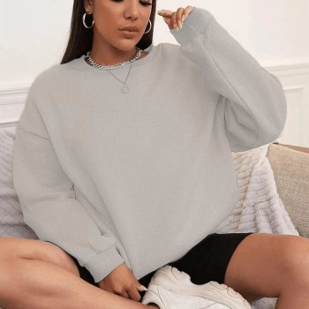 Kadın Düz Bisiklet Yaka 3 İplik Sweatshirt - Boyalı Gri