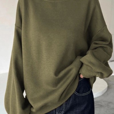Kadın Düz Bisiklet Yaka 3 iplik  Sweatshirt - Yeşil