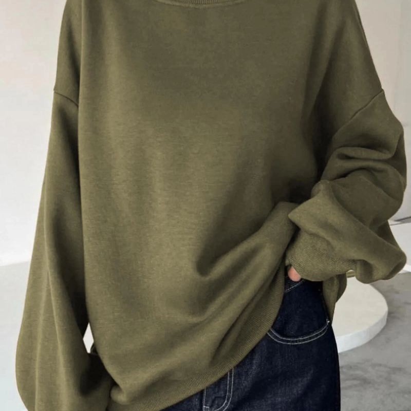 Kadın Düz Bisiklet Yaka 3 iplik  Sweatshirt - Yeşil