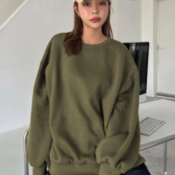 Kadın Düz Bisiklet Yaka 3 iplik  Sweatshirt - Yeşil