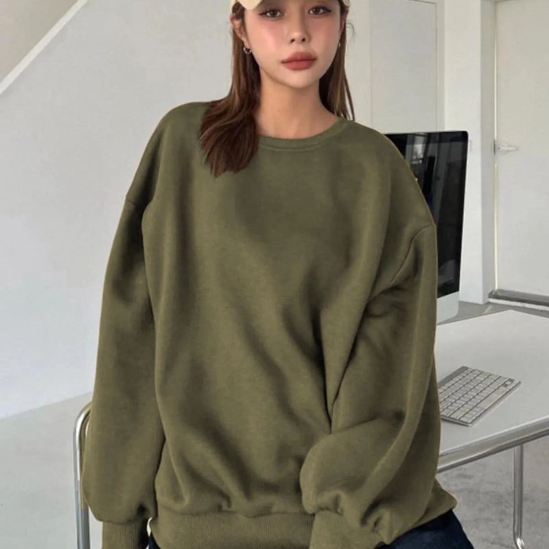 Kadın Düz Bisiklet Yaka 3 iplik  Sweatshirt - Yeşil