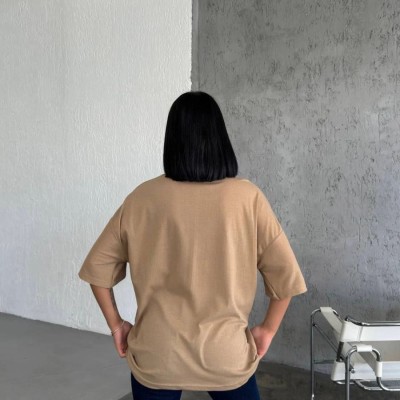 Kadın Düz T-Shirt Kısa Kol Bisiklet Yaka Oversize Rahat Kalıp Günlük Tişört - Bej Kadın Düz T-Shirt Kısa Kol Bisiklet Yaka Oversize Rahat Kalıp Günlük Tişört - Bej