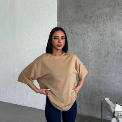 Kadın Düz T-Shirt Kısa Kol Bisiklet Yaka Oversize Rahat Kalıp Günlük Tişört - Bej Kadın Düz T-Shirt Kısa Kol Bisiklet Yaka Oversize Rahat Kalıp Günlük Tişört - Bej