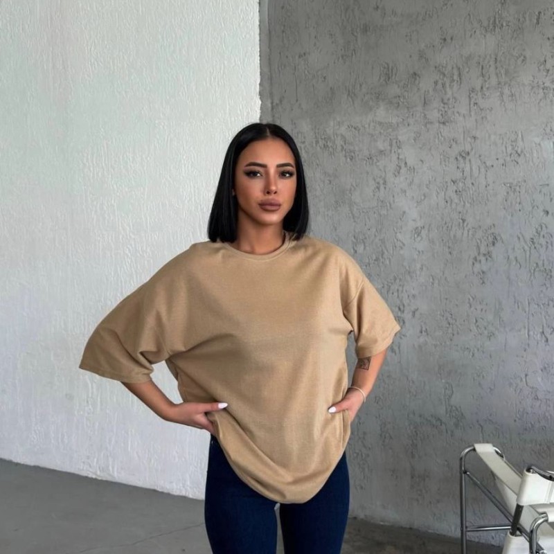 Kadın Düz T-Shirt Kısa Kol Bisiklet Yaka Oversize Rahat Kalıp Günlük Tişört - Bej Kadın Düz T-Shirt Kısa Kol Bisiklet Yaka Oversize Rahat Kalıp Günlük Tişört - Bej