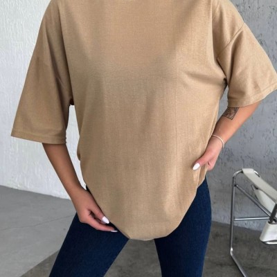 Kadın Düz T-Shirt Kısa Kol Bisiklet Yaka Oversize Rahat Kalıp Günlük Tişört - Bej Kadın Düz T-Shirt Kısa Kol Bisiklet Yaka Oversize Rahat Kalıp Günlük Tişört - Bej