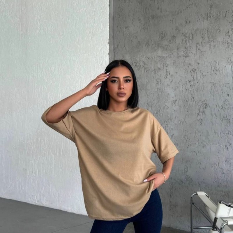 Kadın Düz T-Shirt Kısa Kol Bisiklet Yaka Oversize Rahat Kalıp Günlük Tişört - Bej Kadın Düz T-Shirt Kısa Kol Bisiklet Yaka Oversize Rahat Kalıp Günlük Tişört - Bej