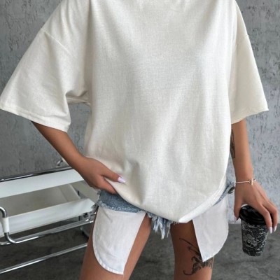 Kadın Düz T-Shirt Kısa Kol Bisiklet Yaka Oversize Rahat Kalıp Günlük Tişört - Beyaz Kadın Düz T-Shirt Kısa Kol Bisiklet Yaka Oversize Rahat Kalıp Günlük Tişört - Beyaz