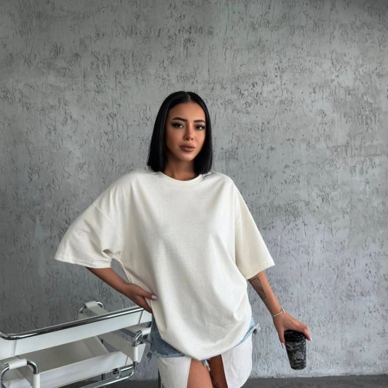 Kadın Düz T-Shirt Kısa Kol Bisiklet Yaka Oversize Rahat Kalıp Günlük Tişört - Beyaz Kadın Düz T-Shirt Kısa Kol Bisiklet Yaka Oversize Rahat Kalıp Günlük Tişört - Beyaz