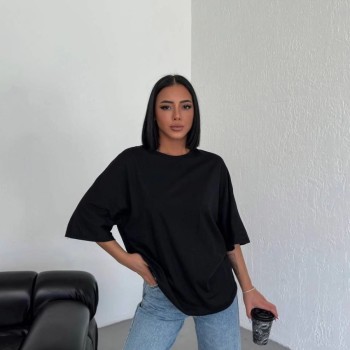 Kadın Düz T-Shirt Kısa Kol Bisiklet Yaka Oversize Tişört - Siyah