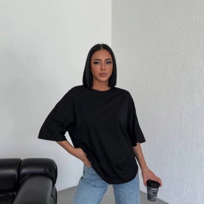 Kadın Düz T-Shirt Kısa Kol Bisiklet Yaka Oversize Tişört - Siyah Kadın Düz T-Shirt Kısa Kol Bisiklet Yaka Oversize Tişört - Siyah