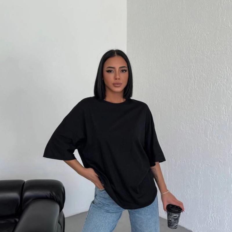 Kadın Düz T-Shirt Kısa Kol Bisiklet Yaka Oversize Tişört - Siyah Kadın Düz T-Shirt Kısa Kol Bisiklet Yaka Oversize Tişört - Siyah