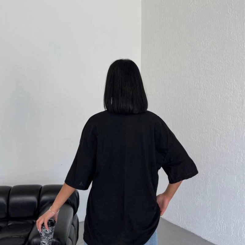 Kadın Düz T-Shirt Kısa Kol Bisiklet Yaka Oversize Tişört - Siyah Kadın Düz T-Shirt Kısa Kol Bisiklet Yaka Oversize Tişört - Siyah