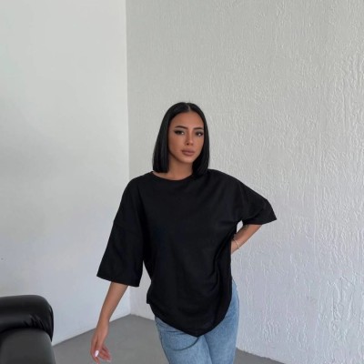 Kadın Düz T-Shirt Kısa Kol Bisiklet Yaka Oversize Tişört - Siyah Kadın Düz T-Shirt Kısa Kol Bisiklet Yaka Oversize Tişört - Siyah