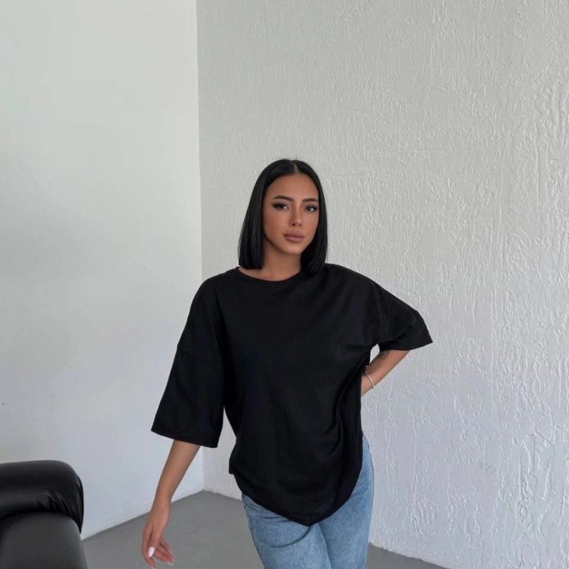 Kadın Düz T-Shirt Kısa Kol Bisiklet Yaka Oversize Tişört - Siyah Kadın Düz T-Shirt Kısa Kol Bisiklet Yaka Oversize Tişört - Siyah