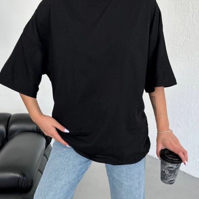 Kadın Düz T-Shirt Kısa Kol Bisiklet Yaka Oversize Tişört - Siyah Kadın Düz T-Shirt Kısa Kol Bisiklet Yaka Oversize Tişört - Siyah