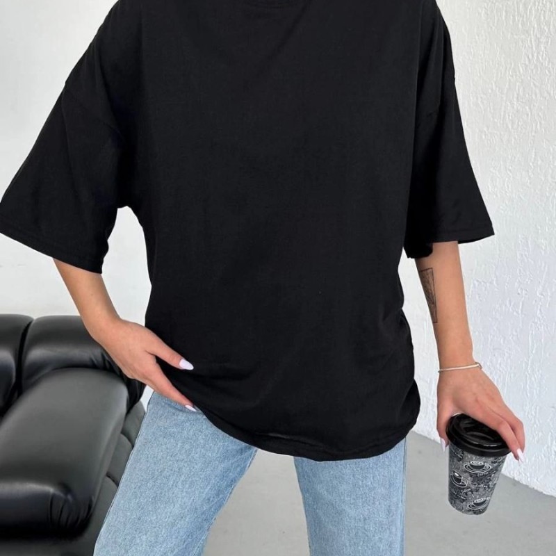 Kadın Düz T-Shirt Kısa Kol Bisiklet Yaka Oversize Tişört - Siyah Kadın Düz T-Shirt Kısa Kol Bisiklet Yaka Oversize Tişört - Siyah