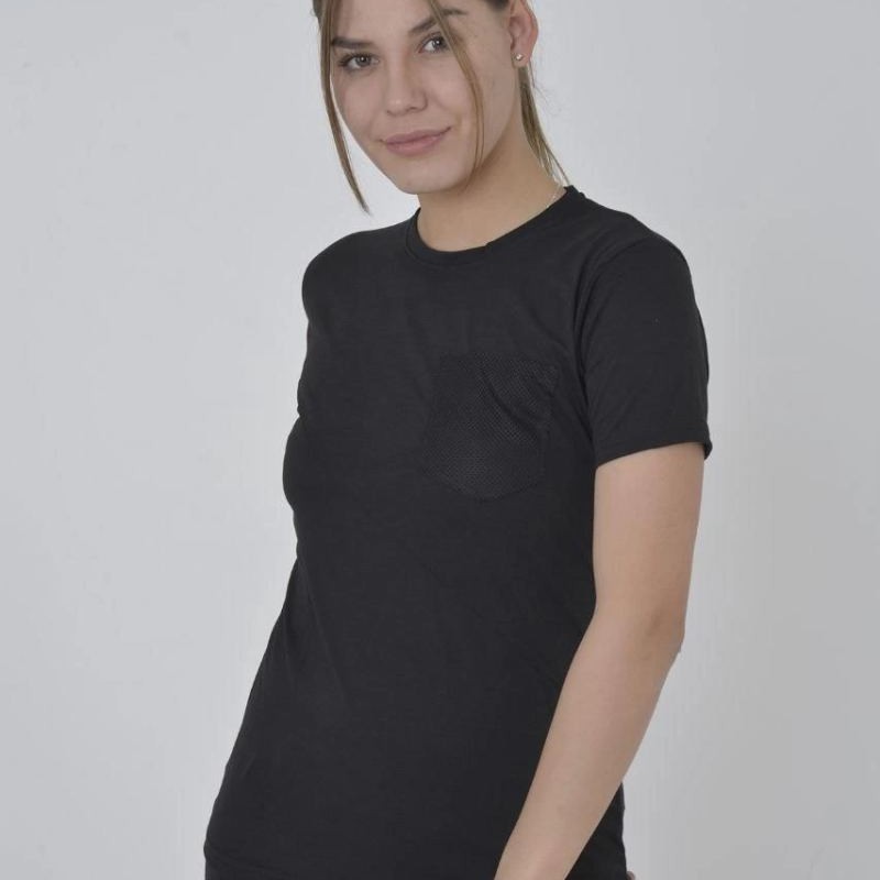 Kadın File Cepli T-Shirt Kısa Kol Bisiklet Yaka Slimfit Tişört - Siyah Kadın File Cepli T-Shirt Kısa Kol Bisiklet Yaka Slimfit Tişört - Siyah