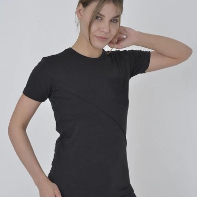 Kadın File Cepli T-Shirt Kısa Kol Bisiklet Yaka Slimfit Tişört - Siyah Kadın File Cepli T-Shirt Kısa Kol Bisiklet Yaka Slimfit Tişört - Siyah