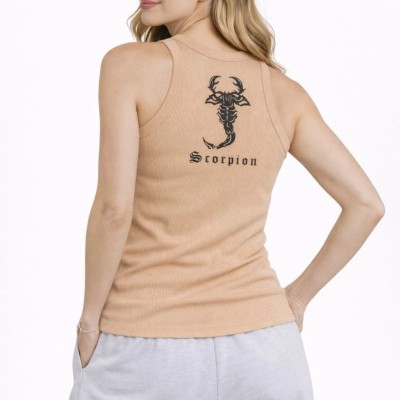 Kadın Fitilli Atlet Sıfır Yaka Slim Fit Arka Baskılı Spor Atlet - Bej Kadın Fitilli Atlet Sıfır Yaka Slim Fit Arka Baskılı Spor Atlet - Bej