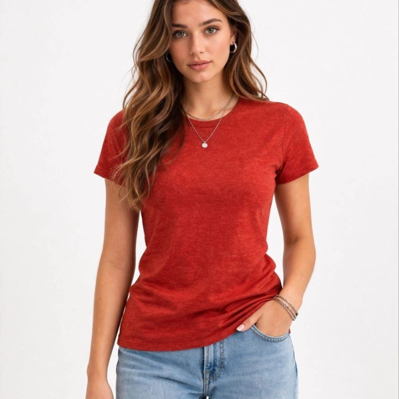 Kadın Flam Kumaş Melanj Dokulu Regular Fit Tişört Bisiklet Yaka Yazlık T-Shirt - Kiremit Kadın Flam Kumaş Melanj Dokulu Regular Fit Tişört Bisiklet Yaka Yazlık T-Shirt - Kiremit