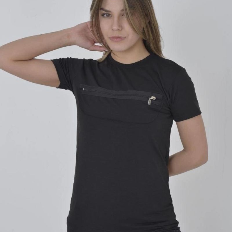 Kadın Gögüs Fermuarlı T-Shirt Kısa Kol Bisiklet Yaka Slimfit Tişört - Siyah Kadın Gögüs Fermuarlı T-Shirt Kısa Kol Bisiklet Yaka Slimfit Tişört - Siyah