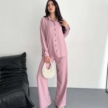 Kadın Gömlek Pantolon ikili Alt-Üst Takım - Toz Pembe Kadın Gömlek Pantolon ikili Alt-Üst Takım - Toz Pembe