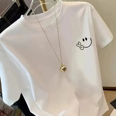 Kadın Gülücük Baskılı Tişört Kısa Kol Bisiklet Yaka Oversize T-Shirt - Beyaz Kadın Gülücük Baskılı Tişört Kısa Kol Bisiklet Yaka Oversize T-Shirt - Beyaz