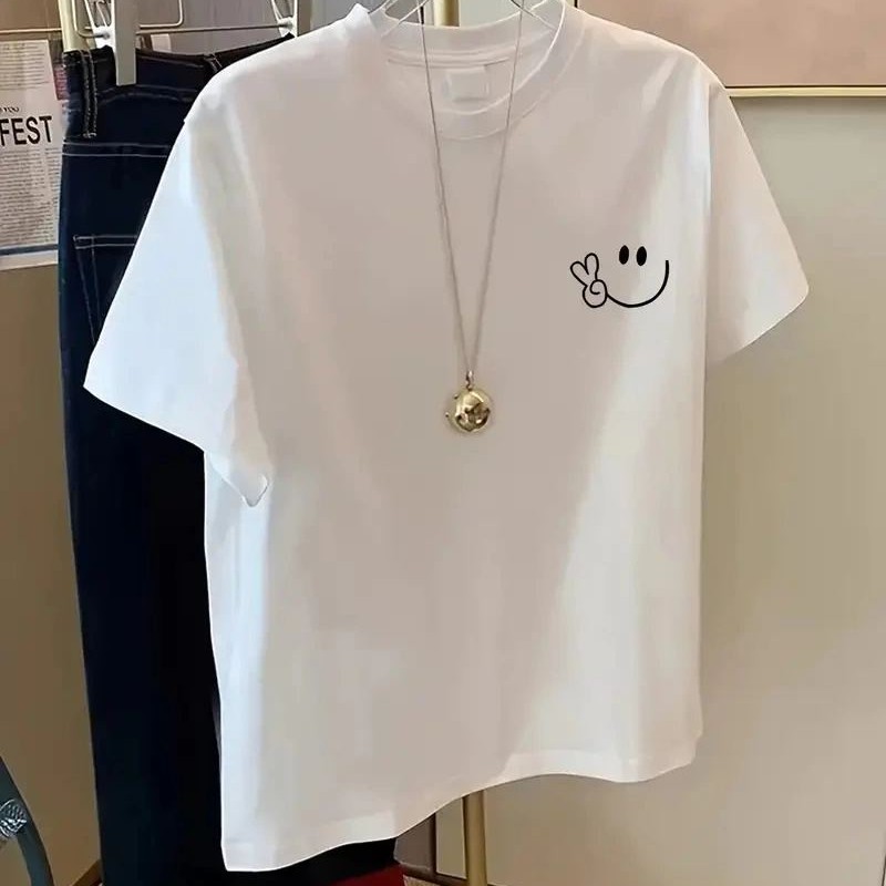 Kadın Gülücük Baskılı Tişört Kısa Kol Bisiklet Yaka Oversize T-Shirt - Beyaz Kadın Gülücük Baskılı Tişört Kısa Kol Bisiklet Yaka Oversize T-Shirt - Beyaz