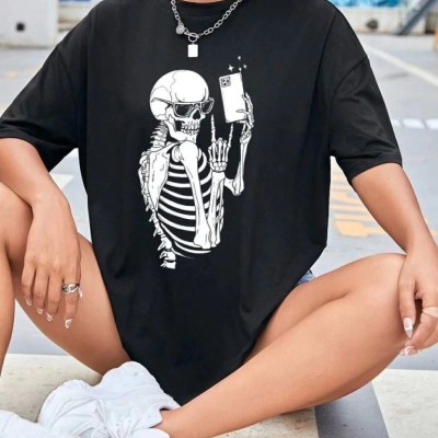 Kadın iskelet Baskılı T-Shirt Kısa Kol Bisiklet Yaka Oversize Tişört - Siyah Kadın iskelet Baskılı T-Shirt Kısa Kol Bisiklet Yaka Oversize Tişört - Siyah