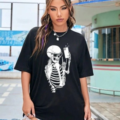 Kadın iskelet Baskılı T-Shirt Kısa Kol Bisiklet Yaka Oversize Tişört - Siyah Kadın iskelet Baskılı T-Shirt Kısa Kol Bisiklet Yaka Oversize Tişört - Siyah