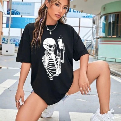 Kadın iskelet Baskılı T-Shirt Kısa Kol Bisiklet Yaka Oversize Tişört - Siyah Kadın iskelet Baskılı T-Shirt Kısa Kol Bisiklet Yaka Oversize Tişört - Siyah