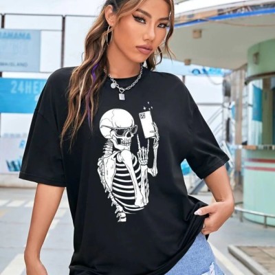 Kadın iskelet Baskılı T-Shirt Kısa Kol Bisiklet Yaka Oversize Tişört - Siyah Kadın iskelet Baskılı T-Shirt Kısa Kol Bisiklet Yaka Oversize Tişört - Siyah